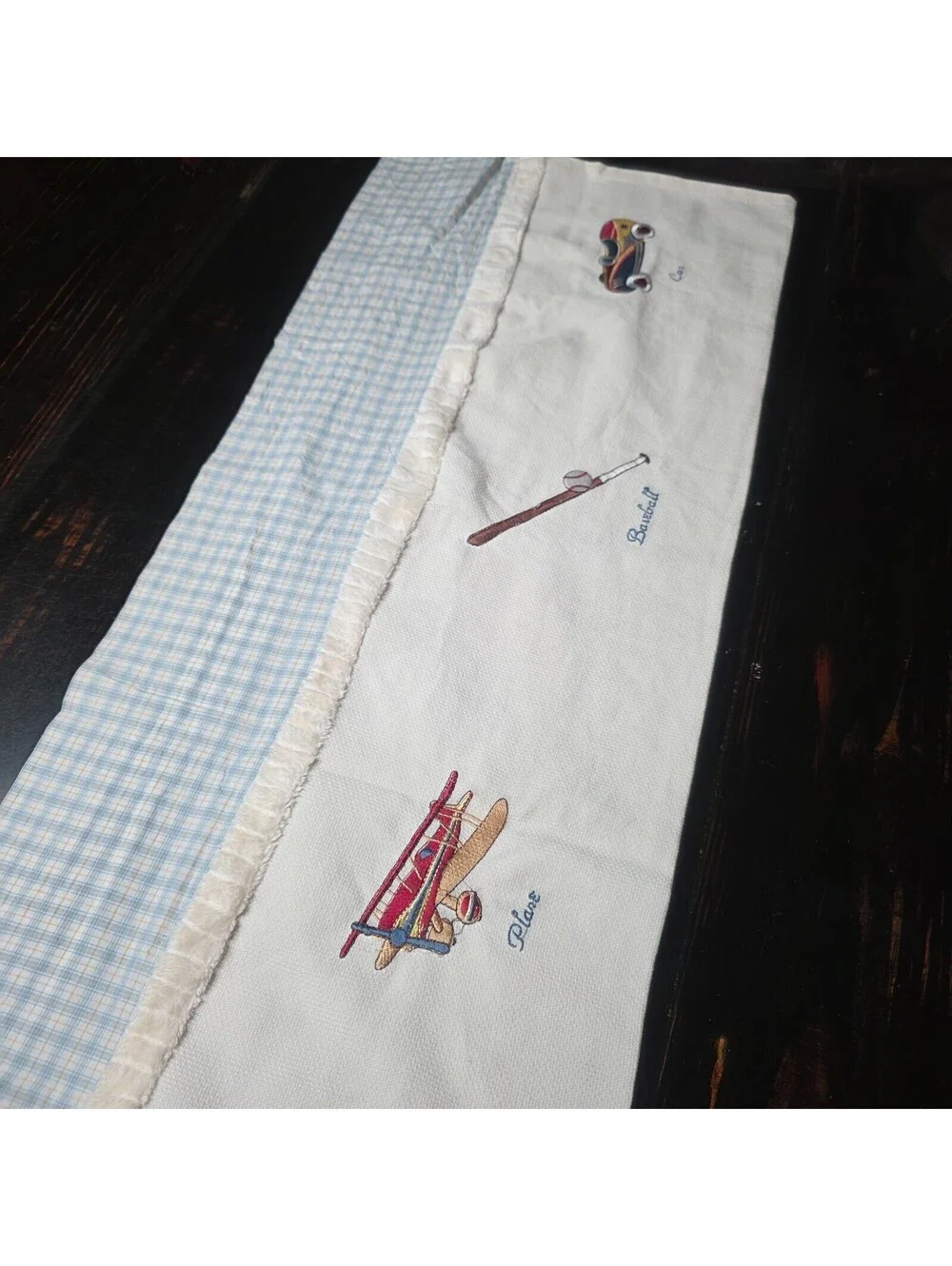 Vintage Kids Embroided Gingham Window Valance Shabby Sports Boys Nursey 58'